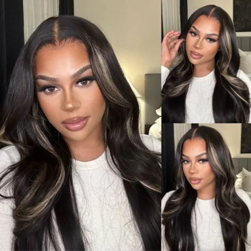 Colored wig with a curly texture for a bold and stylish choiceSunber Chocolate Brown With Peek A Boo Blonde Highlights 7x5 Bye Bye Knots Body Wave Wig