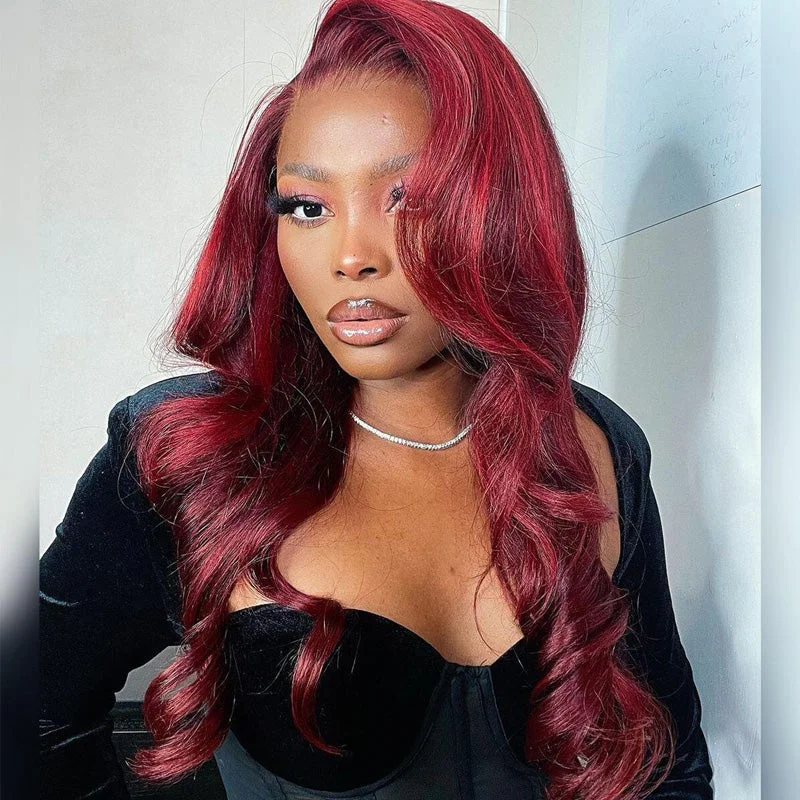 Colored wig with a pre - bleached knot for a natural - looking scalpDark Burgundy With Red Highlight Body Wave Glueless 13x4 HD Lace Front Wigs