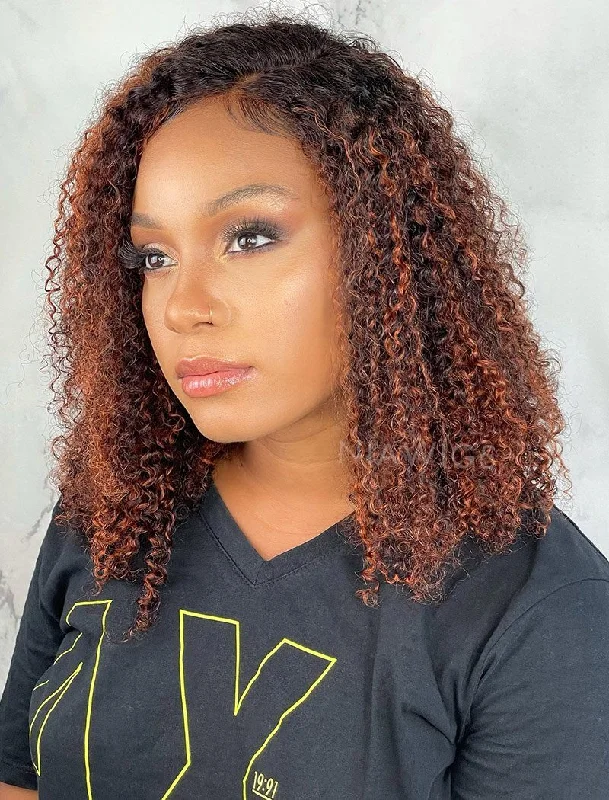 Colored wig with a pre - plucked hairline for a more natural look#Dedra Ginger Brown Highlight Kinky Curly Human Hair Lace Wigs