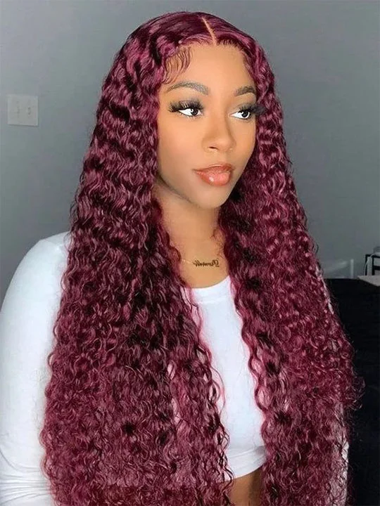 Colored wig with a side - swept bang for a sophisticated lookBleached Knots 99J Deep Curly Burgundy Wig 360 Transparent Lace Human Hair Wigs