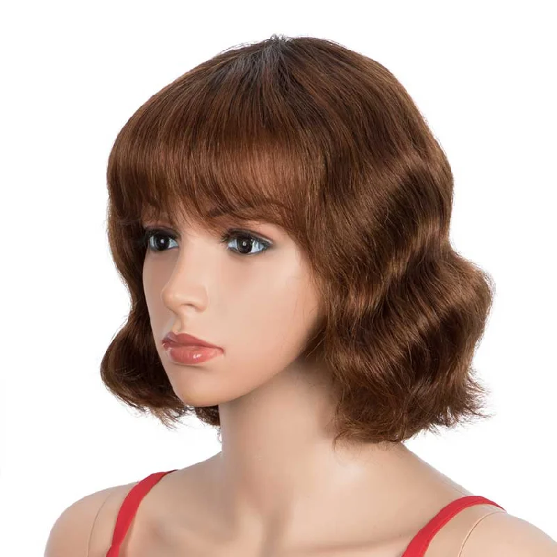 Colored wig with a wavy texture for a beachy and fun lookRebecca Fashion Deep Wavy Bob Wigs With Bangs Human Hair 9 Inch Brown Short Wig