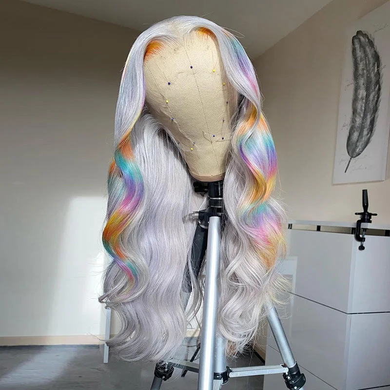 Colored wig with a pre - plucked hairline for a more natural lookDream 13X4 Full Frontal Wig Gray With Rainbow Colors Lace Wig