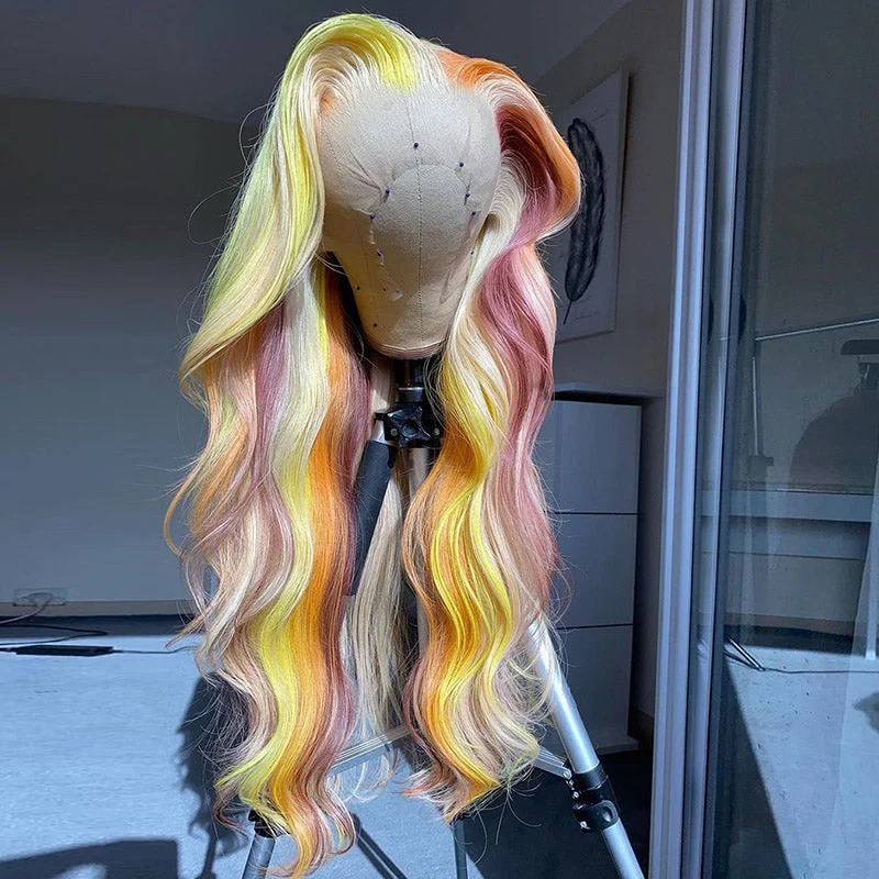 Colored wig with a middle - part for a classic and elegant styleDream Colorful Highlights Human Hair 13x4 Lace Frontal Wig