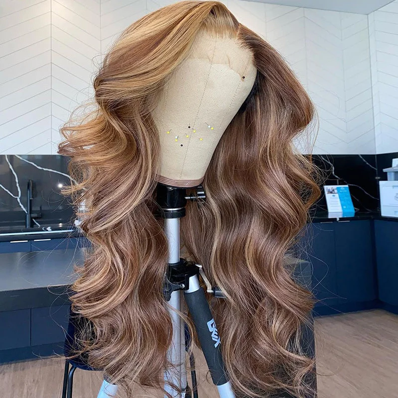 Adjustable - cap colored wig for a comfortable fitDream Highlighted Brown 13x4 Full Frontal Lace Wig Body Wave