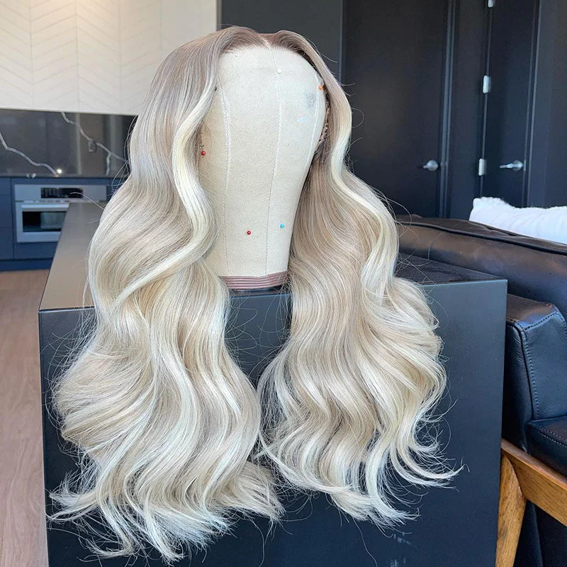 Colored wig with a 150 - density for a full and thick appearanceDream Light Brown Ombre Platinum Blonde Human Hair Lace Frontal Wig