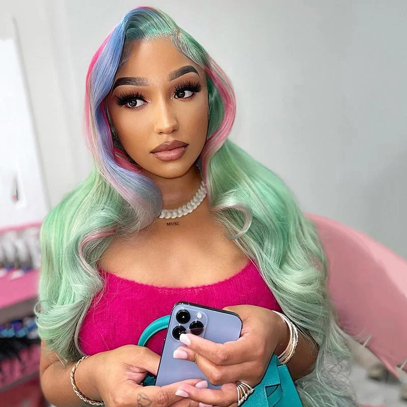 Adjustable - cap colored wig for a comfortable fitDream Light Green With Colored Highlight Full Frontal Lace Wig