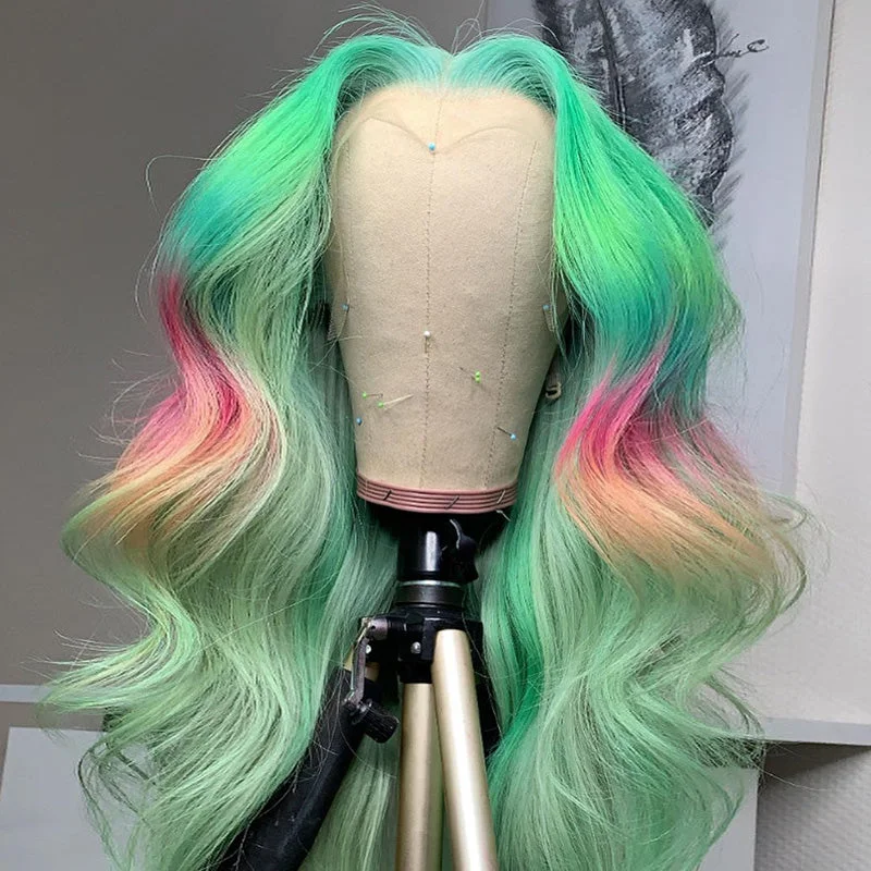 Synthetic colored wig with a heat - resistant formula for easy stylingDream Middle Parted Green With Highlight Wavy Full Frontal Lace Wig