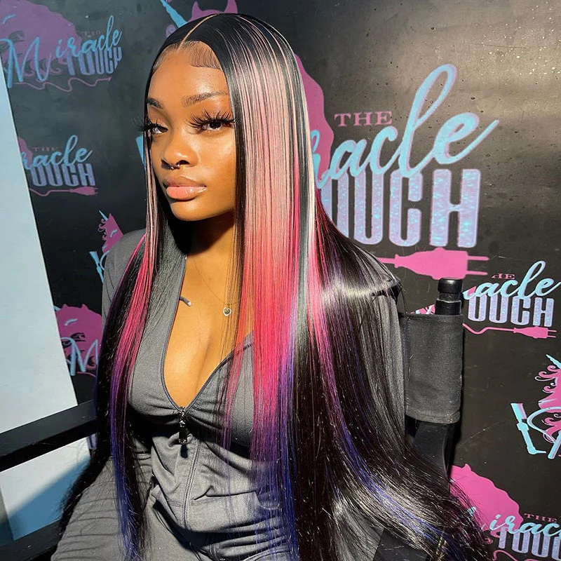 Colored wig with a natural - looking root for a more realistic lookDream Middle Parted Straight Hair With Colorful Highlights Lace Frontal Wig