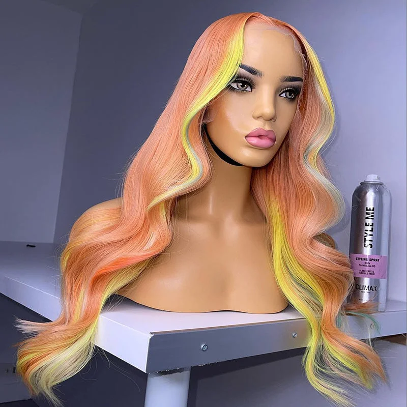 Colored wig with a wispy fringe for a soft and feminine lookDREAM Natural Straight Skunk Strip Highlights Full Frontal Color Wig