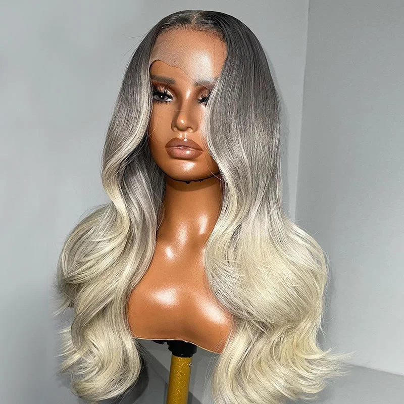 Colored wig with a pre - bleached knot for a natural - looking scalpDream Natural Wavy Two Tone Ombre Blonde Color Full Frontal Lace Wig