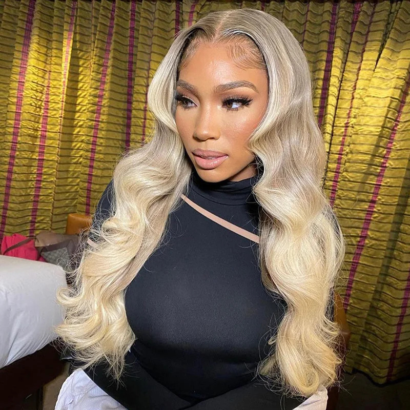 Colored wig with a silk - base cap for a comfortable and smooth feelDream Ombre Blonde With Brown Roots Body Wave Lace Frontal Wig