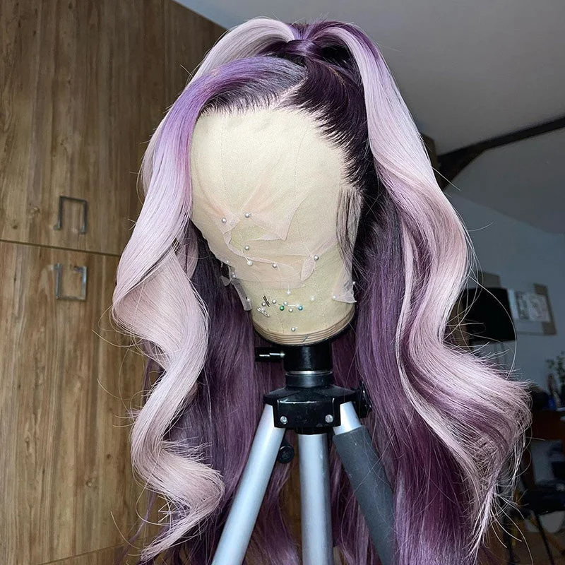 Colored wig with a red - orange hue for a warm and energetic lookDream Ombre Dark Purple With Skunk Strip Light Pink Lace Frontal Wig