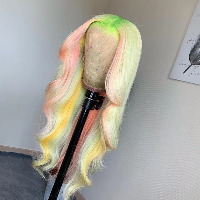 Colored wig with a curly texture for a bold and stylish choiceDream Ombre Highlighted Colorful Human Hair 13x4 Lace Frontal Wig