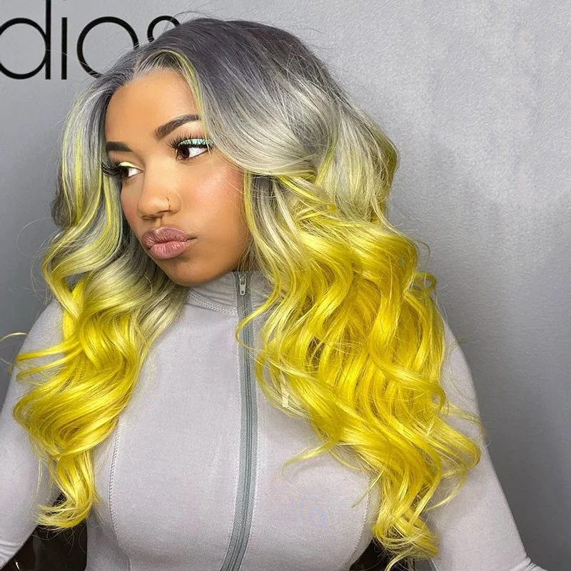 Colored wig with a straight texture for a sleek and minimalist lookDream Ombre Yellow Body Wave 13x4 Full Frontal Lace Wig