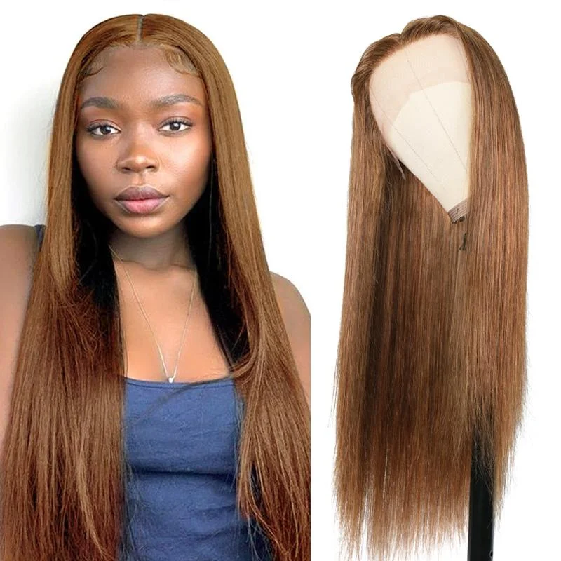 Colored wig with a blue - green ombre effect for a unique and trendy appearanceSunber Bone Straight Ginger Brown Color 13*4 Lace Front Human Hair Wigs