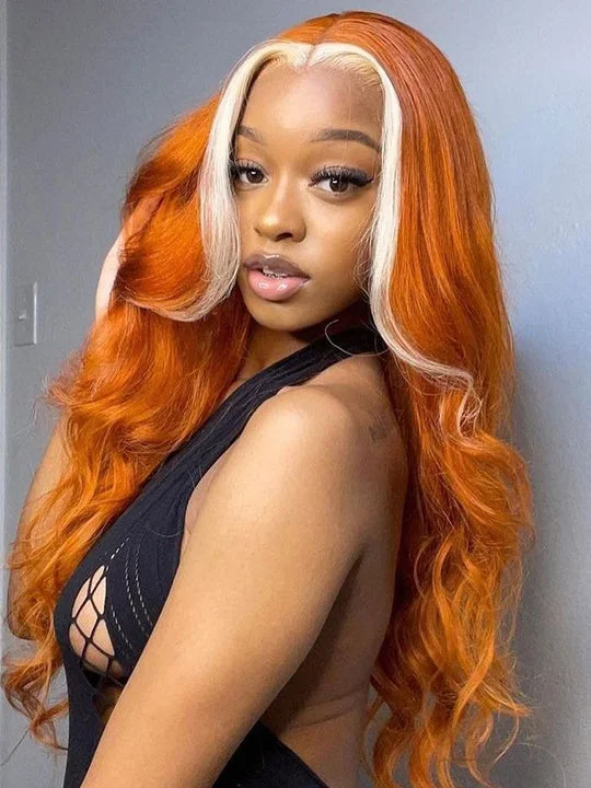 Colored wig with a pre - bleached knot for a natural - looking scalpSkunk Stripe Wig Ginger Hair With Blonde Highlights 3D Body Wave 13x4 Lace Frontal Wigs