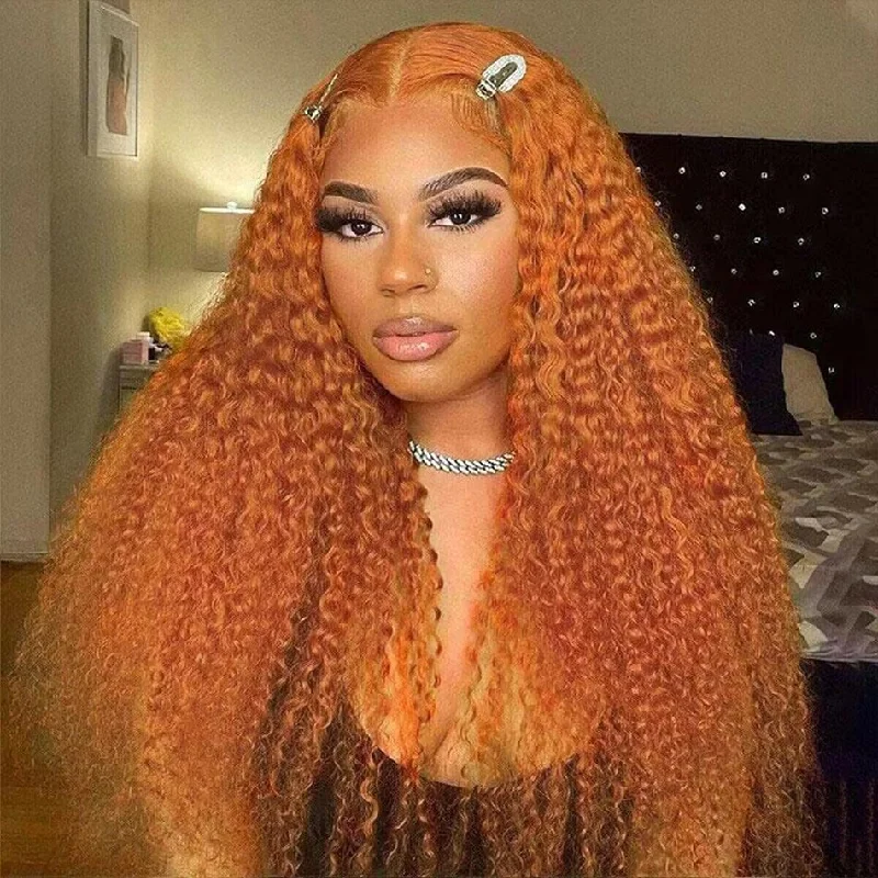 Colored wig with a wavy texture for a beachy and fun lookGinger Orange Color Curly Glueless Wig 13x4 HD Lace Front Wigs