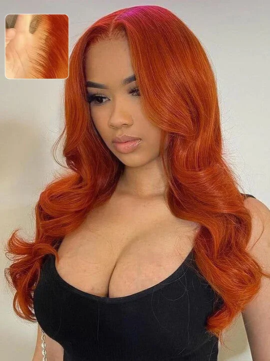 Colored wig with a side - swept bang for a sophisticated lookGinger Orange Color Glueless 5x5 Lace Wig 3D Body Wave Human Hair Wigs