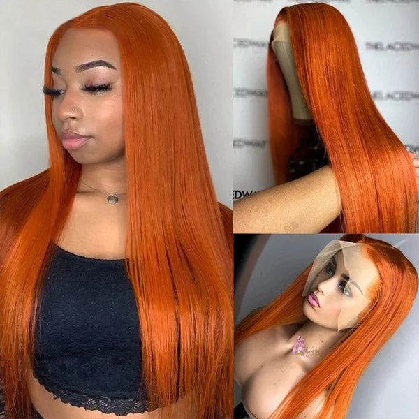 Colored wig with a red - orange hue for a warm and energetic lookGinger Orange Color Straight Human Hair Wig 13x4 Lace Front Wig HD Ginger Wigs