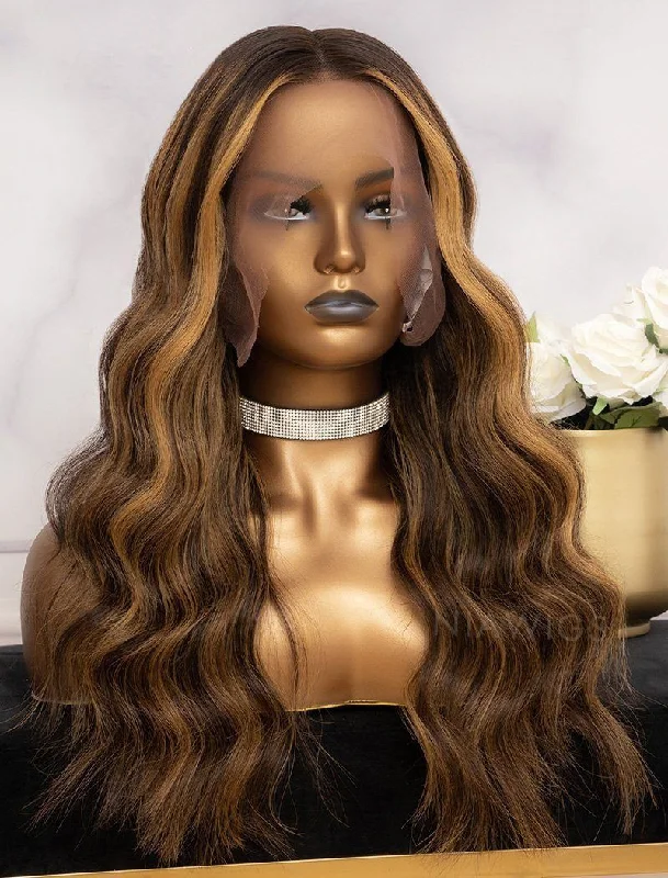 Human - hair colored wig for a natural and luxurious feelGloria #Highlight Natural Wavy Human Hair Lace Wigs With Natural Hairline