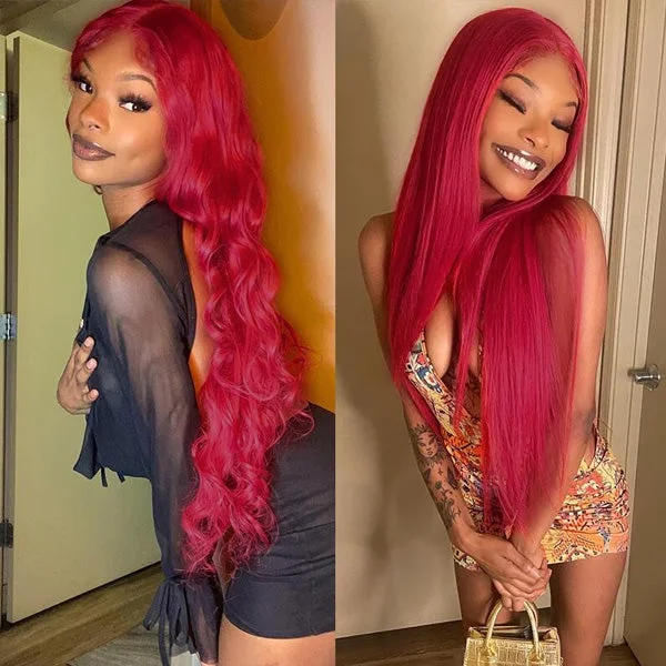 Colored wig with a middle - part for a classic and elegant styleGlueless Wear Go Wig Red Color Straight Body Wave Pre Cut 6x5 HD Lace Closure Wig