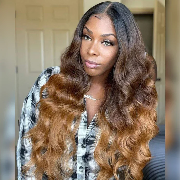 Adjustable - cap colored wig for a comfortable fitGorgeous Ombre Color 3T 1B/4/27 Body Wave Undetectable HD Lace Frontal Wigs Pre Plucked