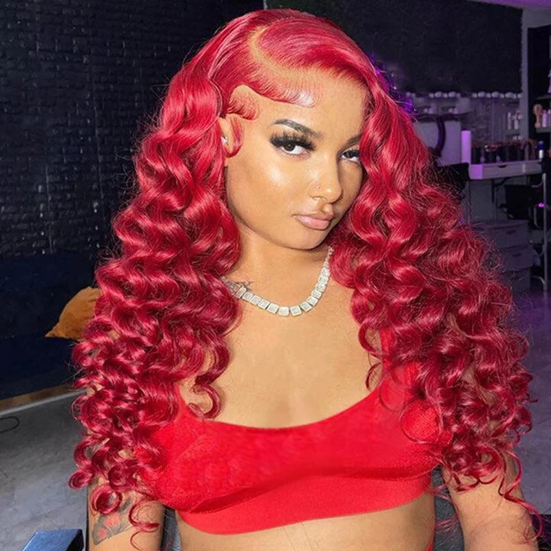 Synthetic colored wig with a heat - resistant formula for easy stylingGorgeous Red Color Loose Deep Wave Hair 6x5 13x4 Glueless HD Lace Wigs