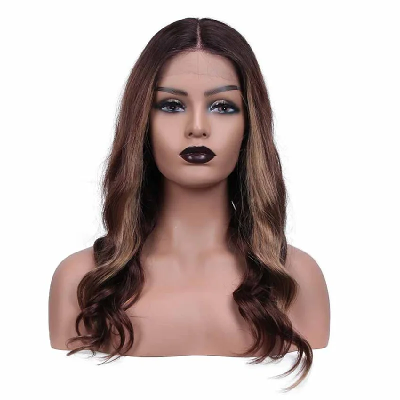 Colored wig with a side - part for a more flattering appearanceRebecca Fashion Ombre Brown HD Lace Front Wigs Human Hair Body Wave Wigs Middle Part