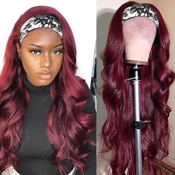 Colored wig in a vibrant pink color for a bold and eye - catching lookHeadband Wig Burgundy Body Wave Human Hair Wigs With Headband 150% Density