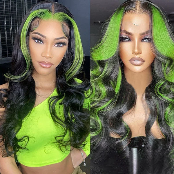 Human - hair colored wig for a natural and luxurious feelHighlight Green Wigs 13x4 HD Lace Front Wigs Body Wave Human Hair Wigs 34 Inch