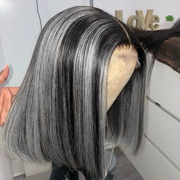 Colored wig with a natural - looking root for a more realistic lookHighlight Grey Bob Lace Wigs 13x4 Frontal Bob Straight Wig 150% Density