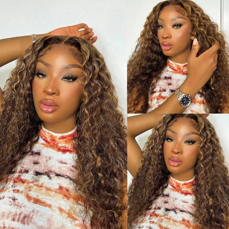 Colored wig with a red - orange hue for a warm and energetic lookHighlight Honey Blonde Mix Color Deep Wave 6x5 13x4 Lace Front Wigs