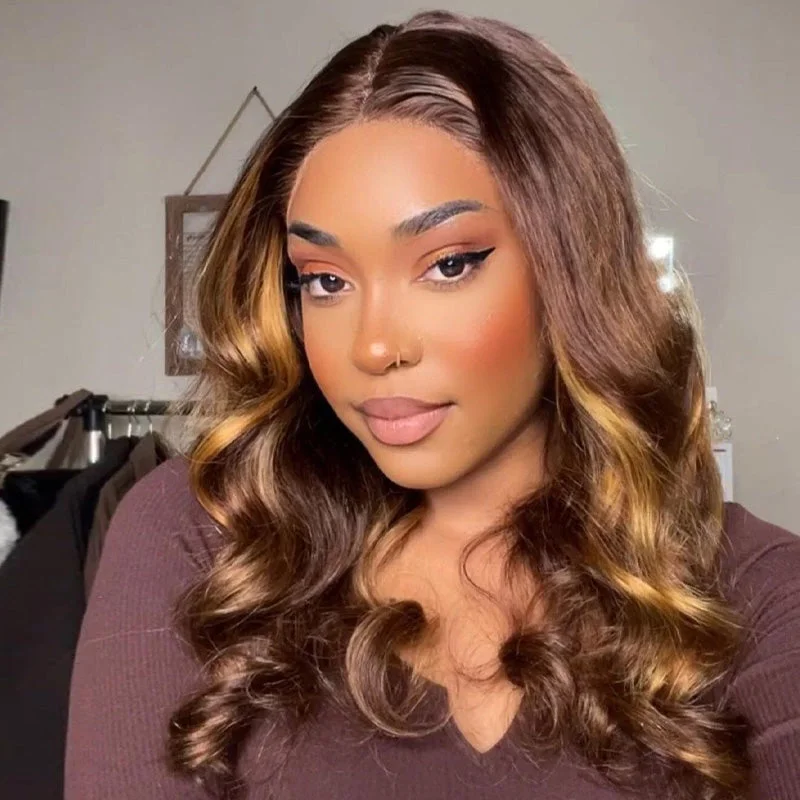 Colored wig with a wispy fringe for a soft and feminine lookHighlight Honey Blonde Shoulder Length Barrel Curls 6x5 13x4 HD Lace Glueless Wig