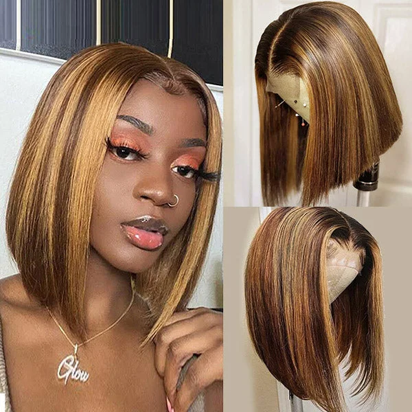 Colored wig with a side - part for a more flattering appearanceHighlight Bob Wig 4x4 Closure Wig with Highlights HD Transparent Straight Short Bob Lace Wigs