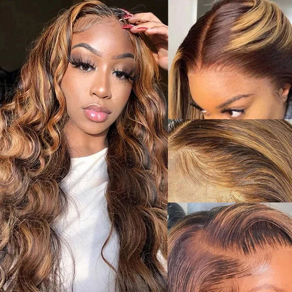 Colored wig with a pre - plucked hairline for a more natural lookHighlighted Wigs 13x4 Loose Deep Wave Lace Front Wigs Brown Highlights HD Lace Wig