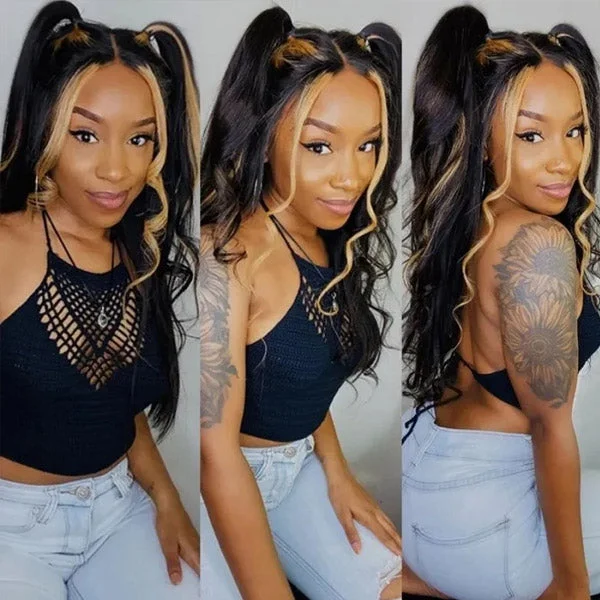 Colored wig with a wispy fringe for a soft and feminine lookHighlight Body Wave Hair Lace Wigs TL27 Ombre 4*4 Lace Closure Wigs