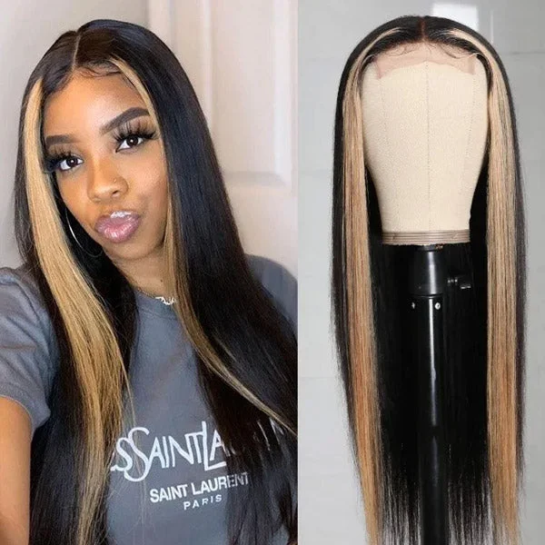 Human - hair colored wig for a natural and luxurious feelHighlight Straight Human Hair Wig 4*4 Lace Closure Wigs TL27 Ombre Wigs