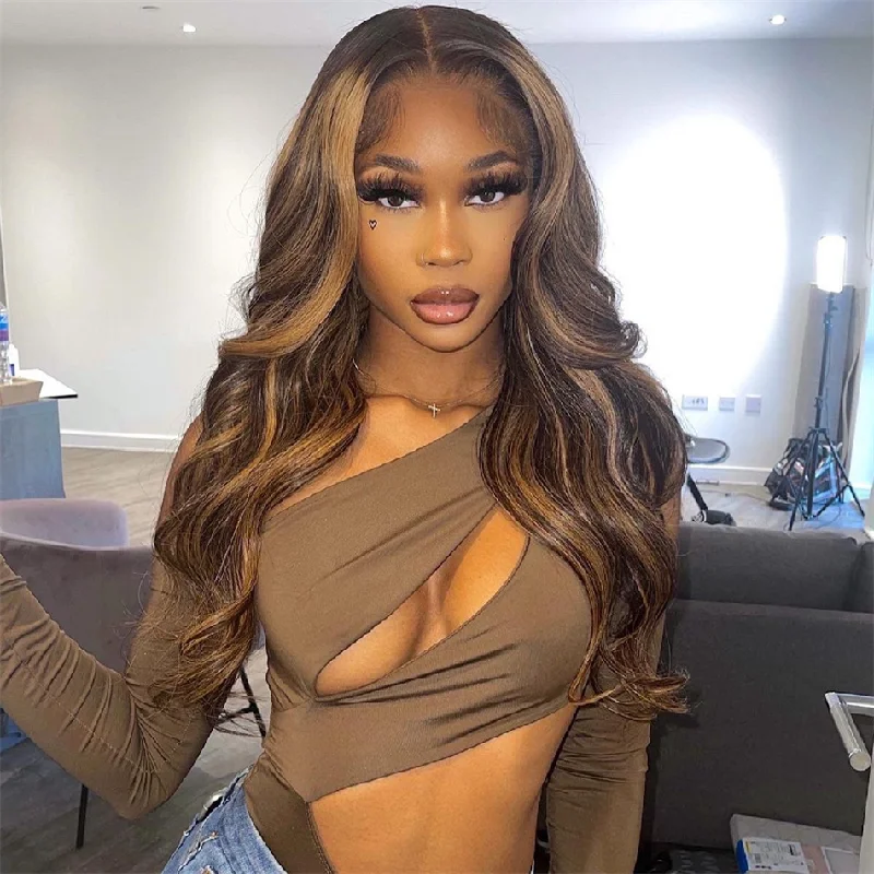 Adjustable - cap colored wig for a comfortable fitHighlight P4/27 Pre Colored Body Wave 6x5 13x4 Undetectable Lace Glueless Wig