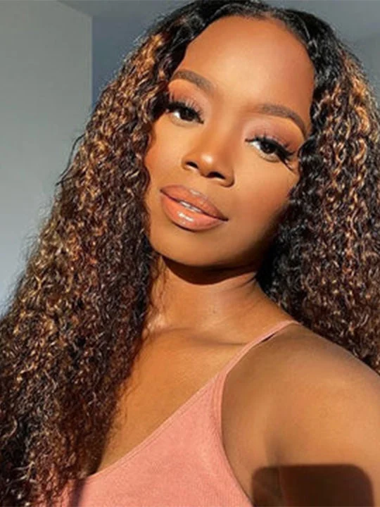 Colored wig with a pre - bleached knot for a natural - looking scalpHoney Blonde Highlight Wig Kinky Curly 13x4 HD Lace Frontal Wig 40 Inch Long Human Hair Wigs