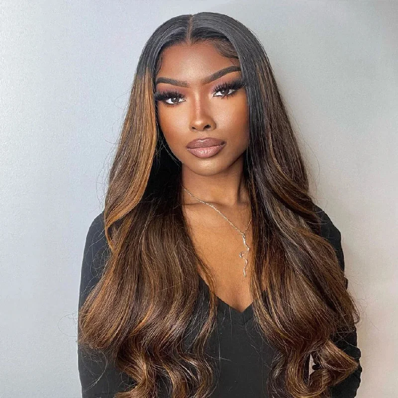 Colored wig with a pre - plucked hairline for a more natural lookHighlighted Wigs 13x4 Lace Front Wig F1B/30  Color Body wave Human Hair Wigs with Highlights