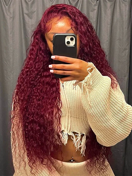 Colored wig with a blue - green ombre effect for a unique and trendy appearance[Influencer] 30inch 99J Burgundy Deep Curly Burgundy 13x6 Lace Wig 250% Density