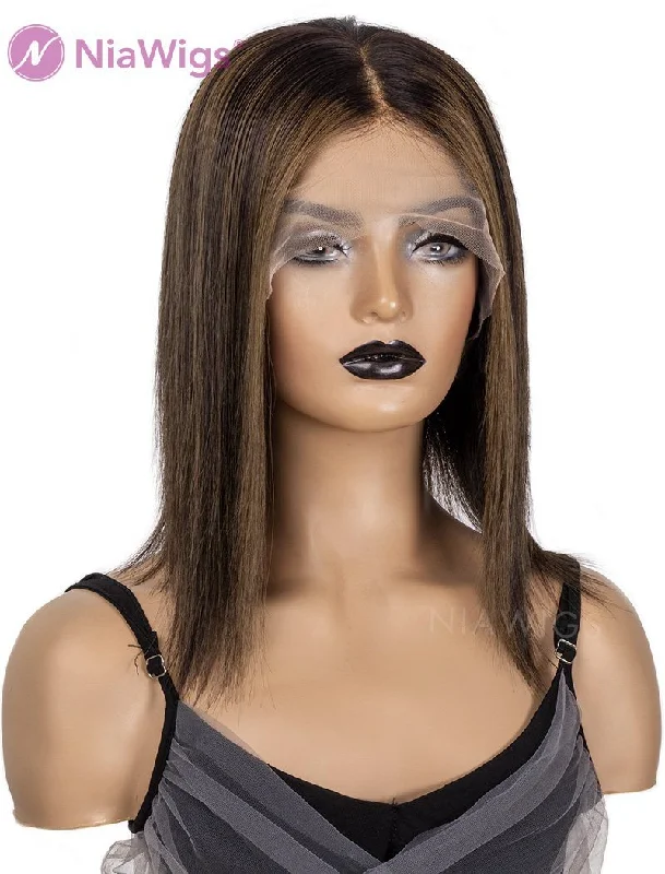 Colored wig with a silk - base cap for a comfortable and smooth feelJennifer #Highlight Human Hair 12 Inches Lace Wig