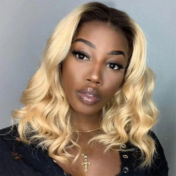 Colored wig with a purple - violet shade for a regal and elegant lookJunoda 1B/613 Loose Wave 13x4 Lace Front Wig Human Hair Honey Blonde Bob Wig with Dark Roots