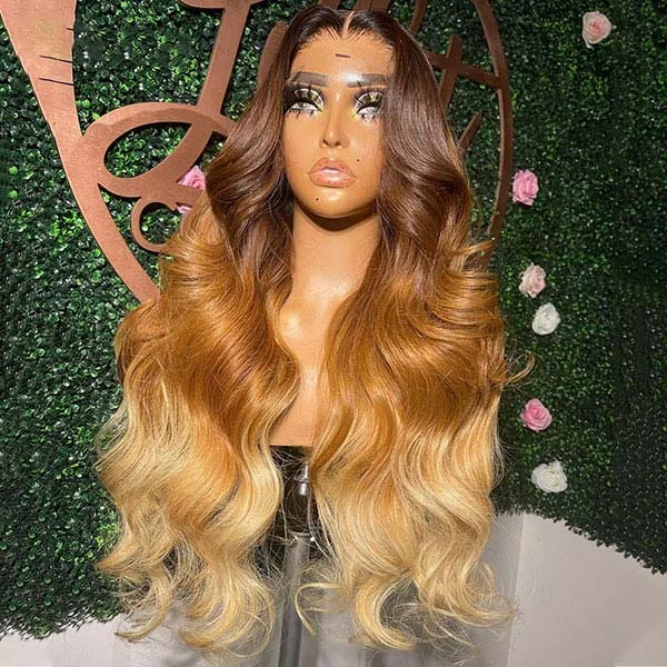 Colored wig with a side - part for a more flattering appearanceJunoda 3 Tone Color Ombre Body Wave Wig Brown Caramel Blonde 613 Human Hair Wigs