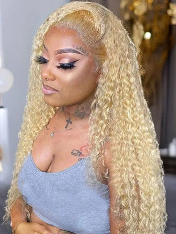 Colored wig with a side - swept bang for a sophisticated lookJunoda 613 Honey Blonde Curly Human Hair Wigs Long Lace Front Wig for Women