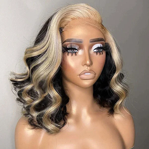 Colored wig with a natural - looking root for a more realistic lookJunoda 613 Honey Blonde Skunk Stripe Bob Wig Body Wave 4x4 13x4 Lace Front Human Hair Wigs