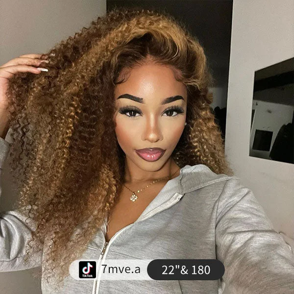 Colored wig with a wispy fringe for a soft and feminine lookJunoda 6x4.5 Pre Cut Lace Kinky Curly Mix Color Highlight Blonde Brown Glueless Wig