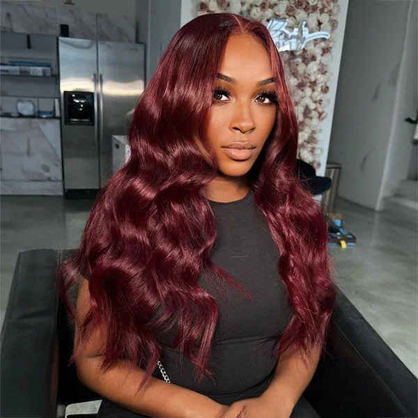 Colored wig with a natural - looking root for a more realistic lookJunoda 99j Body Wave Wear & Go Wig Burgundy Red Color Human Hair Pre Cut Lace Glueless Wig