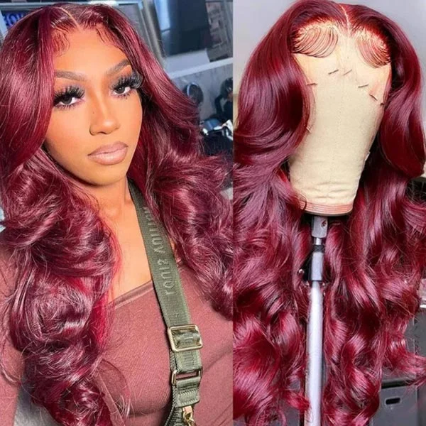 Colored wig with a pre - bleached knot for a natural - looking scalpJunoda 99J Burgundy Red Body Wave Lace Part Wig Affordable Colored Human Hair Wigs