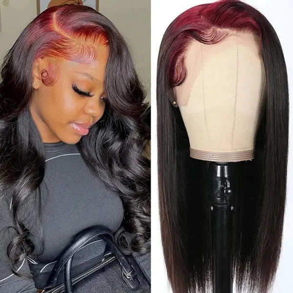 Colored wig with a wispy fringe for a soft and feminine lookJunoda 99J Burgundy Roots On Black Hair Skunk Straight Lace Front Wig Billie Eilish Style